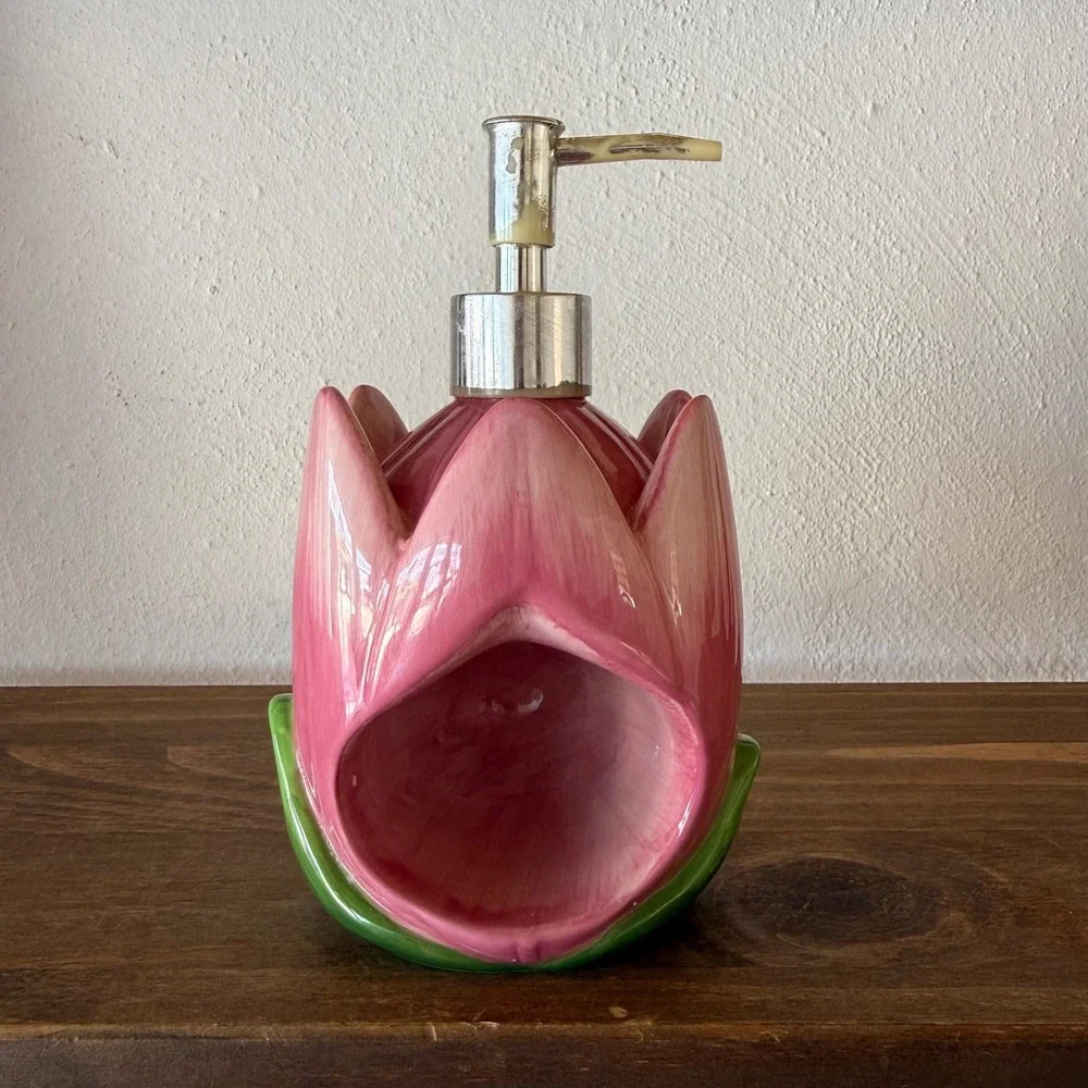 Vintage Avon RARE Pink Tulip Ceramic Soap Dispenser Sponge Holder Floral Decor